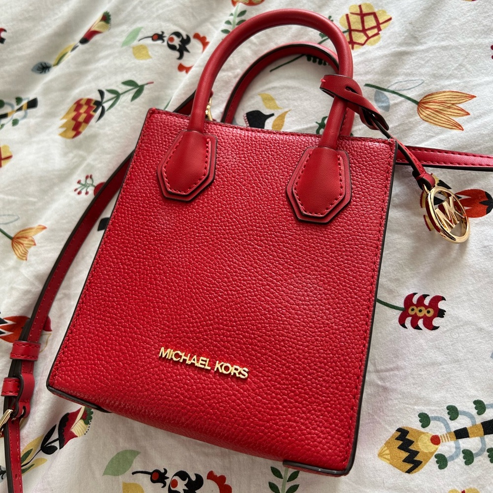 Michael Kors Mercer Extra-Small Red Pebbled Leather Crossbody Bag